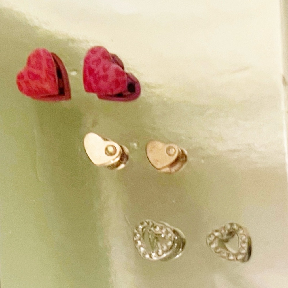 Heart Earrings - Pink and Red Leopard, Gold Tone, & Silvertone - New - 3 Pairs!